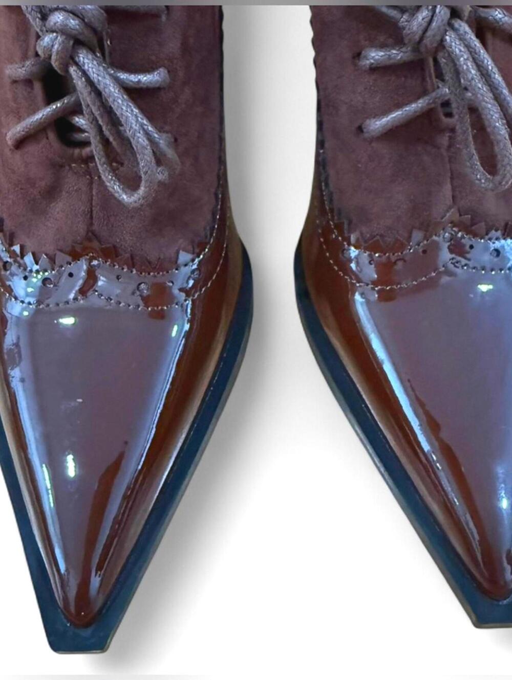 NIB EURO |SZ 40 US 8| Vintage Brown Leather Chunky Oxford Pointed Toe Heel Shoes - Picture 4 of 6